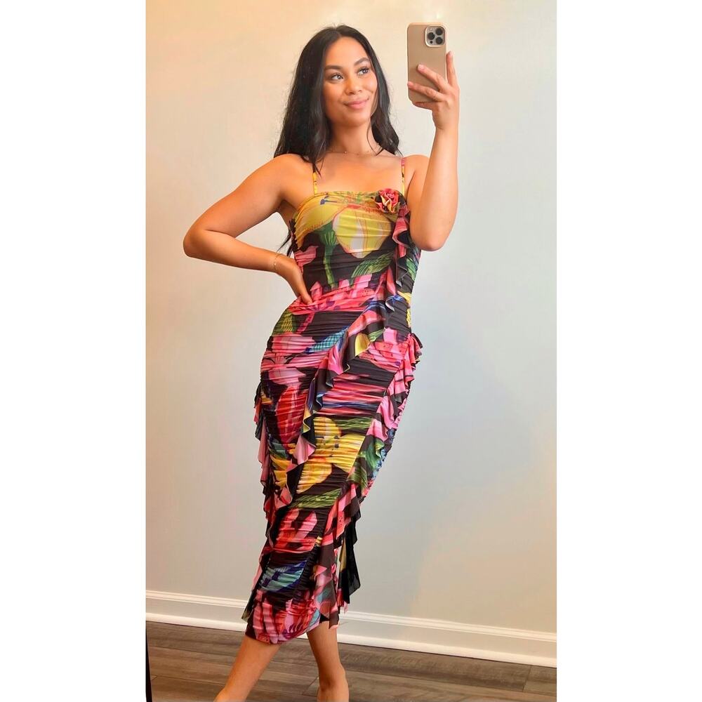 Rococo Sand Tropical Ruffle Midi Dress in Pink, Yellow & Green